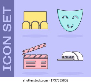 Set Cap with inscription director , Cinema auditorium with screen and seats , Movie clapper  and Comedy theatrical mask  icon. Vector