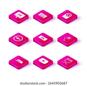 Set Cap with inscription director, Play, Under 18 years, , Director movie chair, Table lamp, Funny and scary ghost mask and Buy cinema ticket online icon. Vector