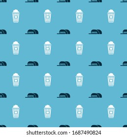 Set Cap with inscription director  and Popcorn in cardboard box  on seamless pattern. Vector