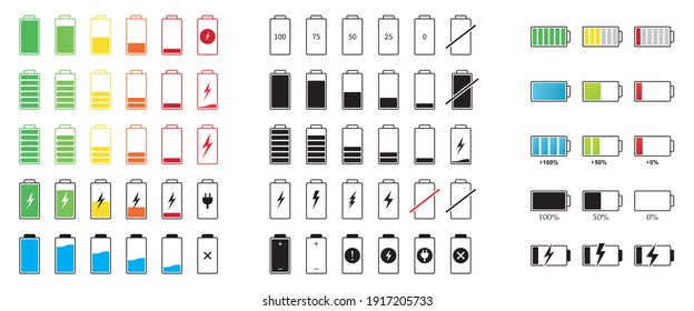 Set of capacity battery icons. Mobile phone charge level illustration sign collection in flat style. Vector