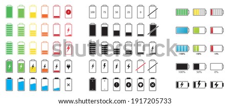 Set of capacity battery icons. Mobile phone charge level illustration sign collection in flat style. Vector