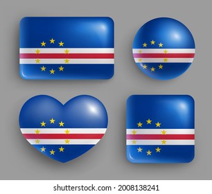 Set of Cape Verde country flag glossy buttons. Western Africa republic national flag, shiny geometric shape badges. Cape Verde symbols in patriotic colors realistic vector illustration