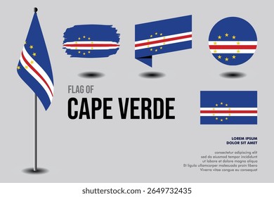 Conjunto de bandeira de Cabo Verde em 5 designs: bandeira no polo, pincelada, inclinação, redondo e padrão. vetor, plano, isolado no fundo cinza. Perfeito para vários projetos de design
