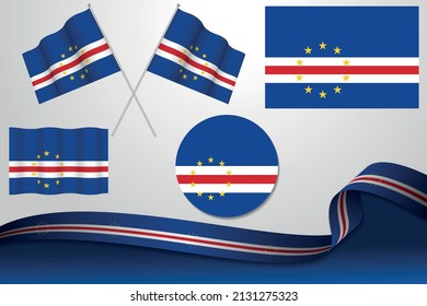 Set Of Cape Verde Flags In Different Designs, Icon, Flaying Flags With ribbon With Background. Free Vector