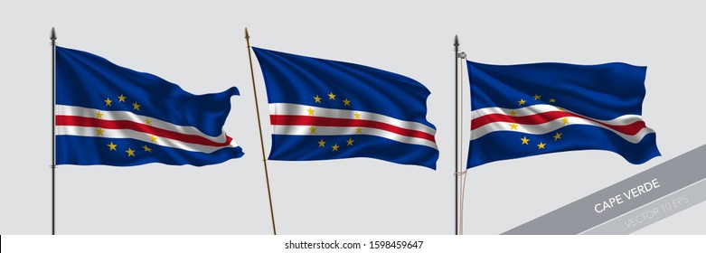 Set of Cape Verde waving flag on isolated background vector illustration. 3 Cabo Verde wavy realistic flag as a symbol of patriotism 