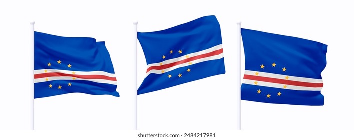 Set of Cape Verde waving flag on flagpole. Realistic 3d design flag flies on the wind on isolated white background. vector illustration