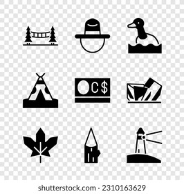 Set Capilano Suspension Bridge, Canadian ranger hat, Flying duck, maple leaf, Wooden log, Lighthouse, Indian teepee or wigwam and dollar icon. Vector