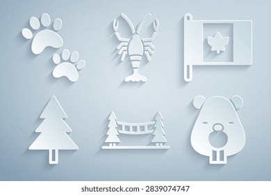 Set Capilano Suspension Bridge, Flag of Canada, Christmas tree, Beaver animal, Lobster and Paw print icon. Vector