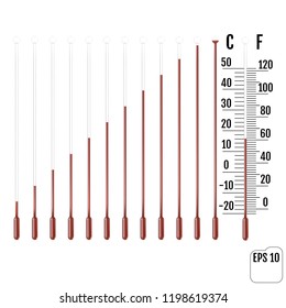 Set Of Capillary Tube With Fluid, Bulb And Overload Chamber. Parts Of Liquid Thermometers. Scale Of Measuring Temperature In Celsius And Fahrenheit. Vector 