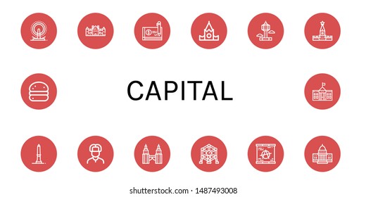 Set of capital icons such as London eye, Palace, Cheque, Kremlin, Park tower, Washington monument, Russian, Berlin wall, White house, Bola de berlim , capital