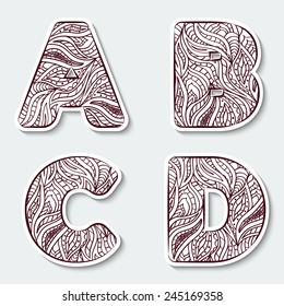 Set of capital letters  A, B, C, D from the alphabet with abstract pattern in tribal Indian style. Vector illustration.