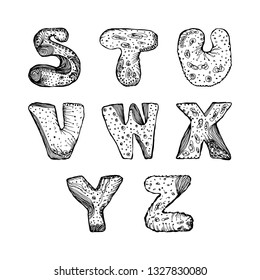 Set of capital letters of the English alphabet S, T, U, V, W, X, Y, Z. hand-drawn vector illustration on white background