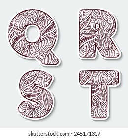 Set of capital letters  Q, R, S, T from the alphabet with abstract pattern in tribal Indian style. Vector illustration.