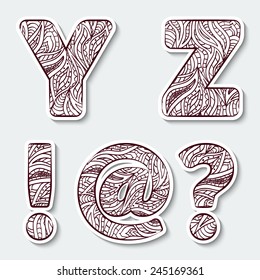 Set of capital letters  Y, Z from the alphabet, exclamation mark, question mark and at commercial with abstract pattern in tribal Indian style. Vector illustration.