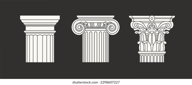 Set with capitals, classical architectural orders made of marble or gypsum. Ancient Greek and Roman art concept. Sculpture, architecture. Hand drawn vector illustrations isolated on black background.