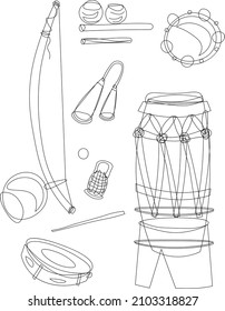 Set of capoeira instrument, instruments traditional capoeira orchestra, brasilian culture and art. berimbau, atabaque, agogo, pandeiro, caxixi in black line style