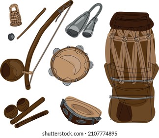 Set of capoeira instrument, instruments traditional capoeira orchestra, brasilian culture and art. berimbau, atabaque, agogo, pandeiro, caxixi in black line doodle style