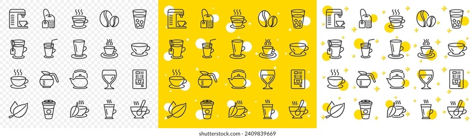 Set of Cappuccino, Juice with ice and Latte coffee cup icons. Coffee and Tea line icons. Teapot, Coffeepot and Hot drink with Steam. Mint leaf tea, Herbal beverage and Vending. Hot latte cup. Vector