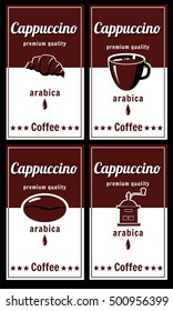 Set cappuccino labels, pop art, croissant, koefemolka, grain, cup, arabica, vector, banner, illustration
