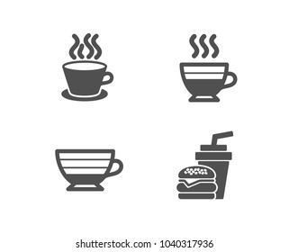 Set of Cappuccino, Tea cup and Cafe creme icons. Hamburger sign. Coffee cup, Coffee mug, Burger with drink.  Quality design elements. Classic style. Vector