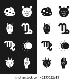 Set Capricorn zodiac, Horse, Asteroid, Pig, Virgo, Eclipse of the sun, Palmistry hand and Aries icon. Vector