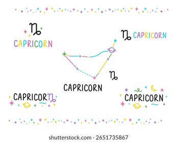Conjunto de canções do zodíaco de Capricórnio. Constelações coloridas de desenhos animados e letras cantam. Tatuagem de talismã de caneta de feltro desenhado à mão, logotipo, adesivo. Elemento isolado.