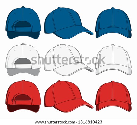 Set of caps, front, back and side view. Vector illustration