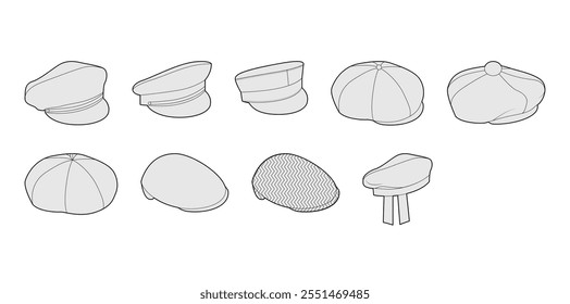 Set of Caps - Peaked Sailor Ascot, Ivy Baker Flat Tam o Shanter, Paperboy Beret Gatsby, Apple Newsboy. Hat Fashion accessory clothing technical illustration. Vector headgear, flat template CAD mockup