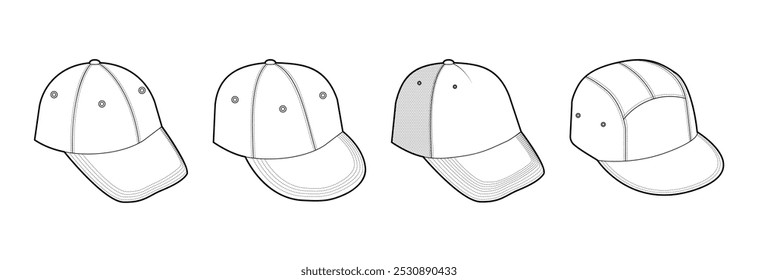 Set of Caps - Trucker Baseball Dad Hip-Hop, Five Panel Cap Hat. Summer Head Fashion accessory clothing technical illustration. Vector headgear, flat template CAD mockup sketch outline isolated