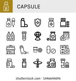 Set of capsule icons such as Vitamins, Medicine, Inhaler, Medical, Suppositories, Space capsule, Pharmacy, Coffee capsule, Drug, Drug container, Vitamin ,
