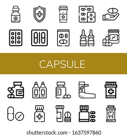 Set of capsule icons. Such as Vitamins, Blister pack, Medical, Pills, Medicine, Drug, Suppositories, Vitamin, Bandage , capsule icons