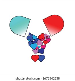 A set of capsule open up and flow with love heart blue and red gradient color on isolated white background. Concept for St. Valentine's Day pill with hearts, love tablet. Love pills couples.