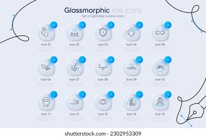 Set of Capsule pill, Bicycle prohibited and Medical shield line icons for web app. Fever temperature, Weariness, Leaves icons. Eyeglasses, Collagen skin, Sun protection signs. Vector