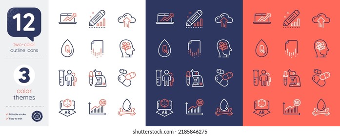 Set of Capsule pill, Microscope and Sales diagram line icons. Include Edit statistics, Medical analyzes, 5g statistics icons. Stress, Water splash, Augmented reality web elements. Vector