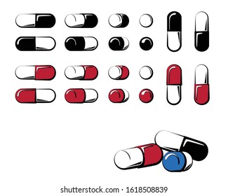 Set of capsule pills from all angles vector illustration. Various sides of medical pill.