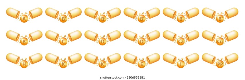 Set capsule vitamin complex icons. Multivitamin supplement. A, B group B1, B2, B3, B5, B6, B9, B12, C, D, D3, E, K, H, K1, PP. Essential vitamin complex. Healthy life concept. Vector illustration