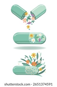 Conjunto de cápsulas com base em plantas medicinais. Fitoterapia. Medicina alternativa. Ilustração vetorial para publicidade, folhetos e redes sociais.