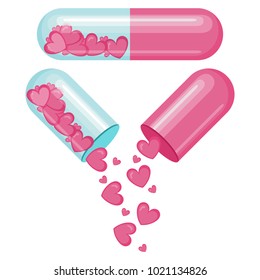 Set of capsules with hearts inside, 3D vector isolated on white background. Open and closed pill with hearts on a light background. Concept for St. Valentine's Day pill with hearts, love tablet.