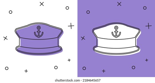 Set Captain hat icon isolated on white and purple background.  Vector