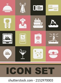 Set Captain hat, Lighthouse, Tropical island ocean, Cruise ticket, Tourist, Life jacket, Covered with tray and ship icon. Vector