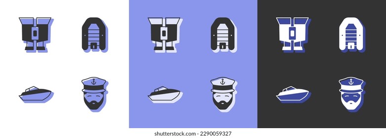 Set Captain of ship, Binoculars, Speedboat and Inflatable with motor icon. Vector