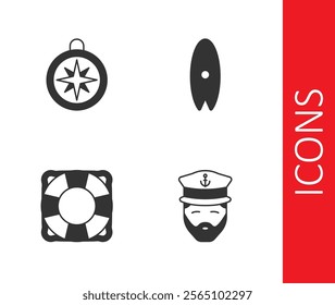 Set Captain of ship, Compass, Lifebuoy and Surfboard icon. Vector