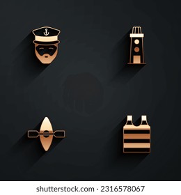 Set Captain of ship, Lighthouse, Kayak and paddle and Striped sailor t-shirt icon with long shadow. Vector