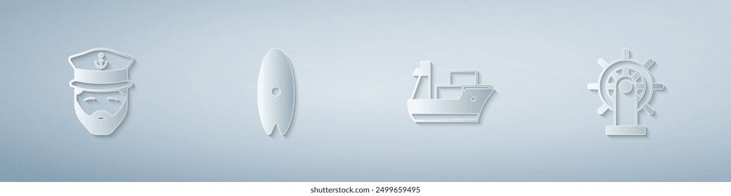 Set Captain of ship, Surfboard, Cargo and Ship steering wheel. Paper art style. Vector