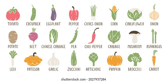 Set of caption vegetable icons isolated on white background. Bright and juicy hand drawn sticker pack. Big vector flat collection