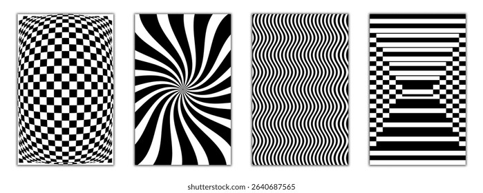 Set of captivating Op Art backgrounds. Black and white optical illusions with checkerboard, spiral, wavy, and striped patterns. Perfect for abstract, psychedelic, and retro designs.