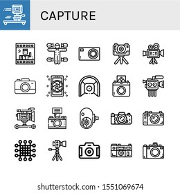 Set of capture icons. Such as Camera, Photo, Motion capture, Compact camera, Cinema camera, Net, Instant Film Amateur , capture icons