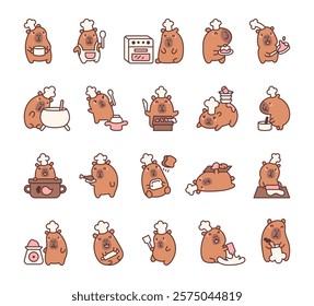 Set of capybara in chef hat with baking tools, cooking utensils, food preparation items, adorable kawaii cartoon animal characters, and kitchen equipment designs