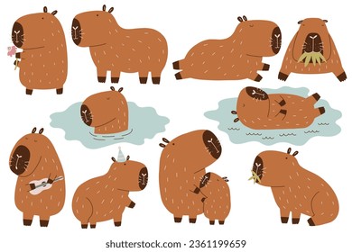 Set Capybara Cute Water Animal. Vector collection funny rodent in hand drawn style