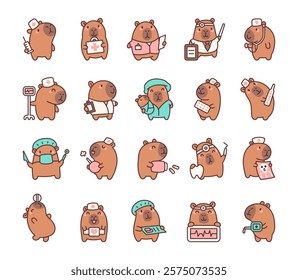 Set of capybara doctor and nurse characters in a variety of medical roles, using tools like syringe, stethoscope, thermometer, and pills, cute cartoon style for creative projects.